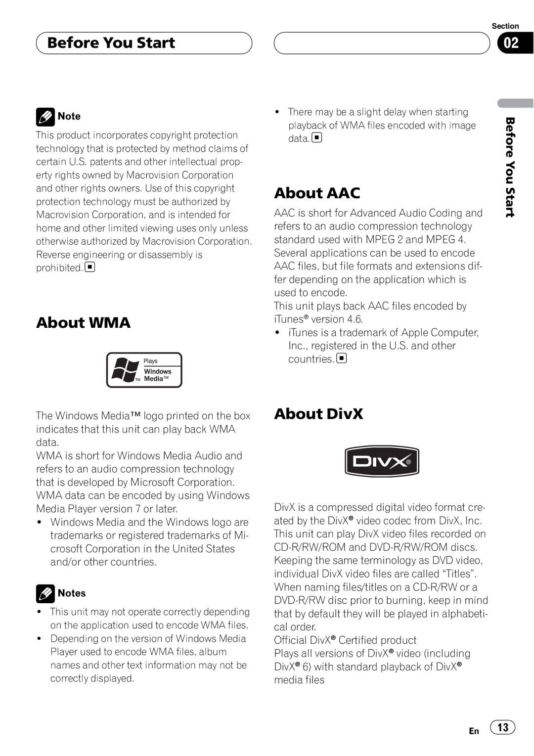 Pioneer AVH-P7800DVD operation manual About WMA, About AAC, About DivX 