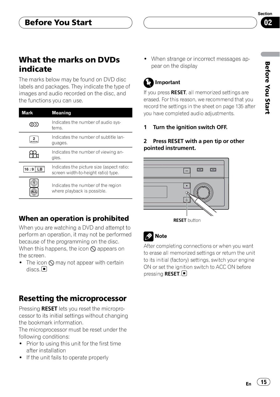 Pioneer AVH-P7800DVD operation manual Before You Start What the marks on DVDs indicate, Resetting the microprocessor 