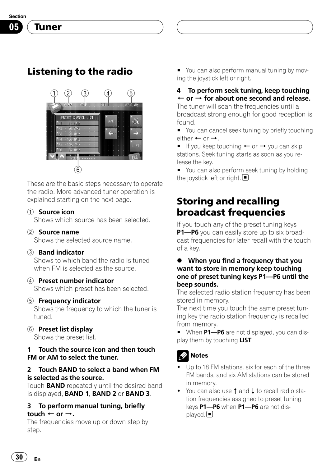 Pioneer AVH-P7800DVD operation manual Tuner Listening to the radio, Storing and recalling broadcast frequencies 