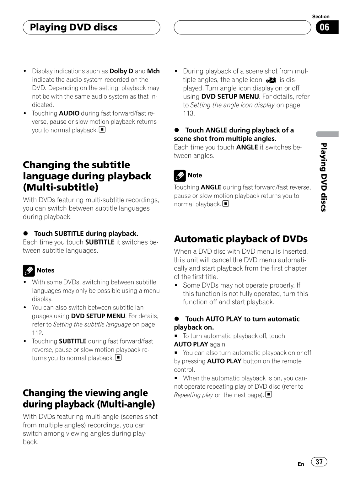 Pioneer AVH-P7800DVD operation manual Changing the viewing angle during playback Multi-angle, Automatic playback of DVDs 