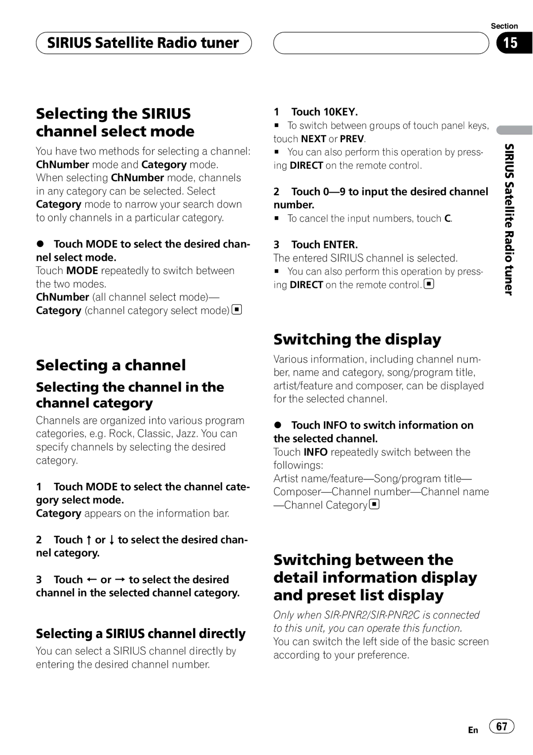 Pioneer P7800DVD Switching the display, Selecting the channel in the channel category, Selecting a Sirius channel directly 