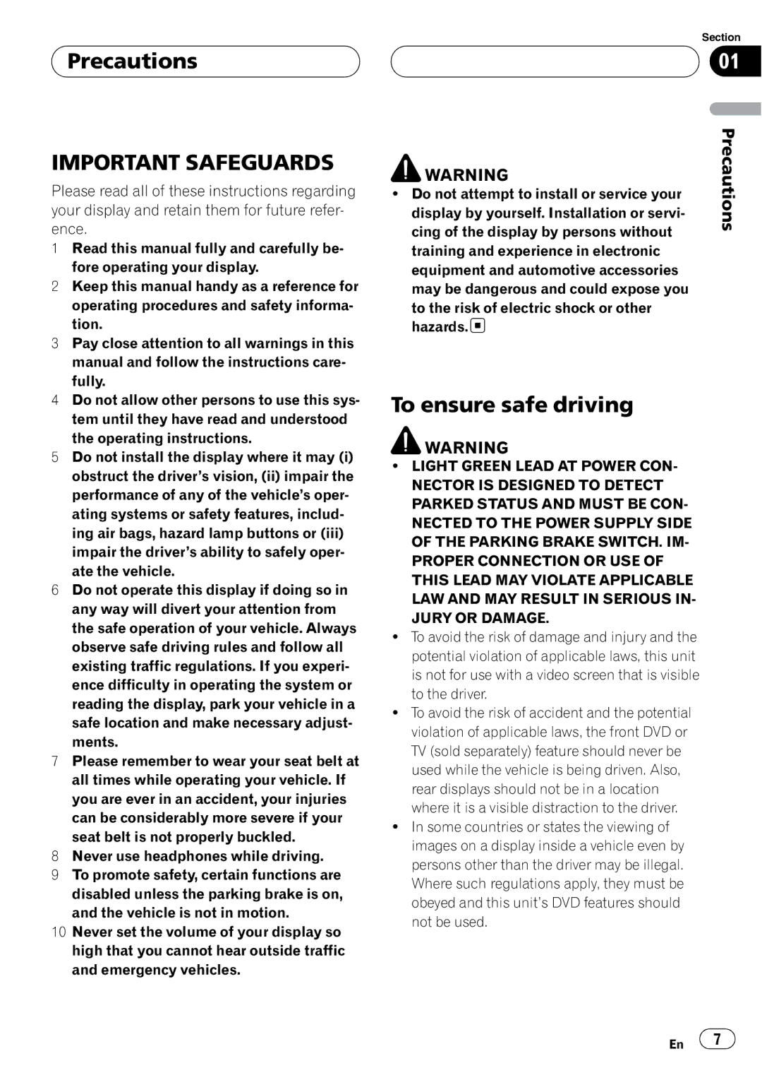 Pioneer AVH-P7800DVD operation manual Precautions, To ensure safe driving 