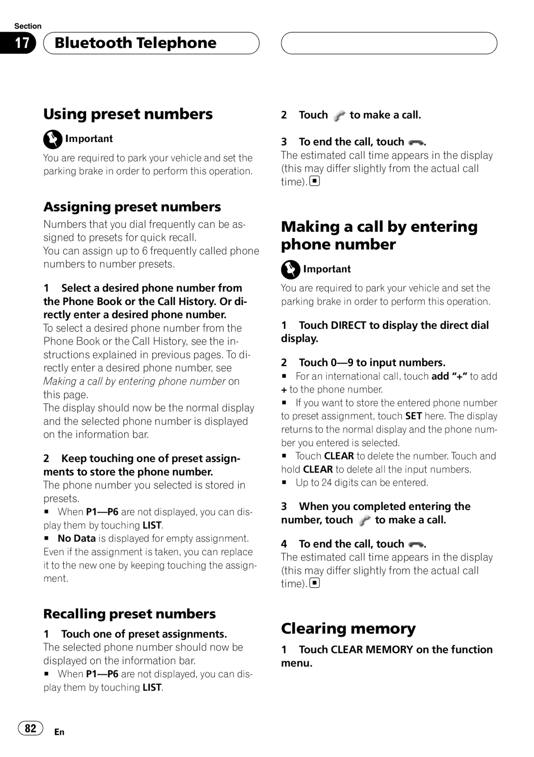 Pioneer AVH-P7800DVD Bluetooth Telephone Using preset numbers, Making a call by entering phone number, Clearing memory 