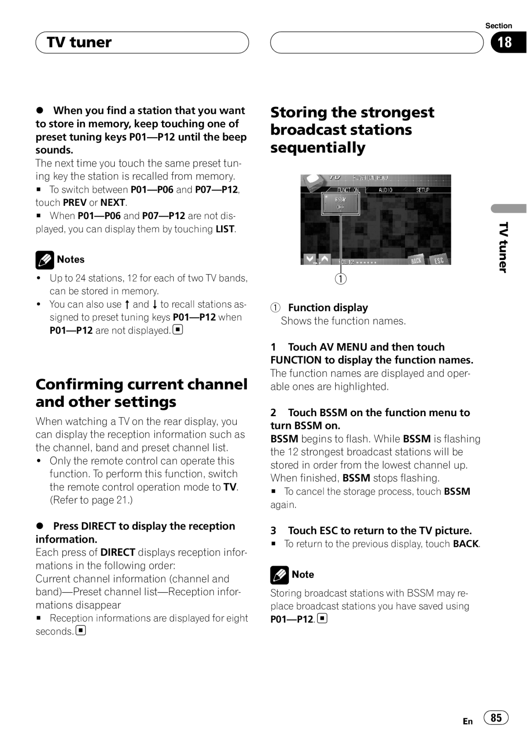 Pioneer AVH-P7800DVD operation manual TV tuner, Confirming current channel and other settings 