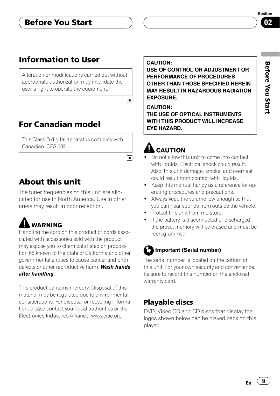 Pioneer AVH-P7800DVD Before You Start Information to User, For Canadian model, About this unit, Playable discs 