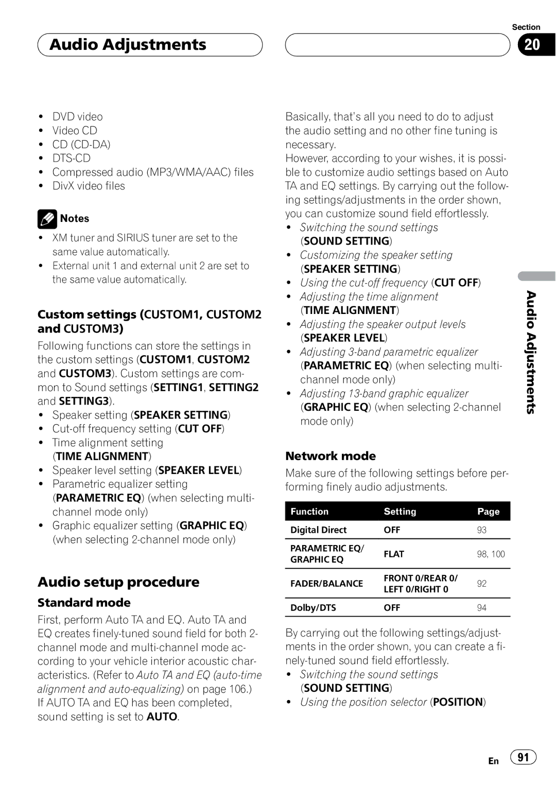 Pioneer P7800DVD Audio Adjustments, Audio setup procedure, Custom settings CUSTOM1, CUSTOM2 and CUSTOM3, Standard mode 