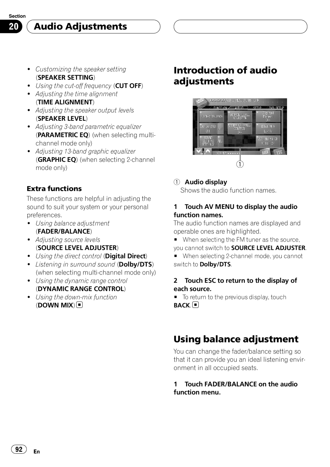 Pioneer AVH-P7800DVD Introduction of audio adjustments, Using balance adjustment, Extra functions, Source Level Adjuster 