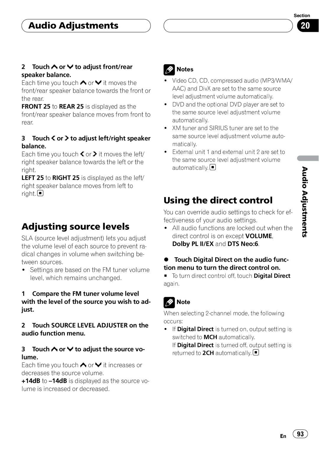 Pioneer AVH-P7800DVD operation manual Adjusting source levels, Using the direct control 