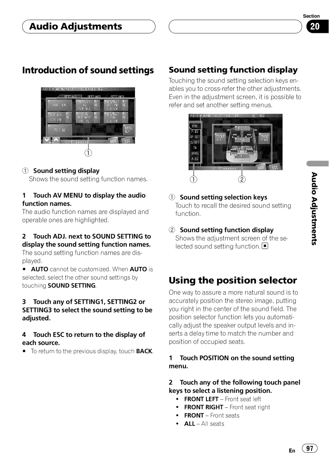 Pioneer AVH-P7800DVD operation manual Audio Adjustments Introduction of sound settings, Using the position selector 