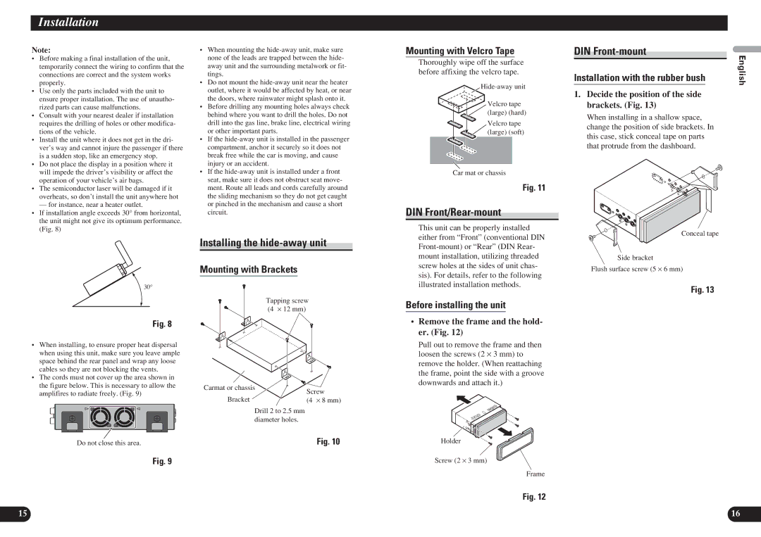 Pioneer AVH-P7850DVD installation manual Installing the hide-away unit, DIN Front/Rear-mount, DIN Front-mount 