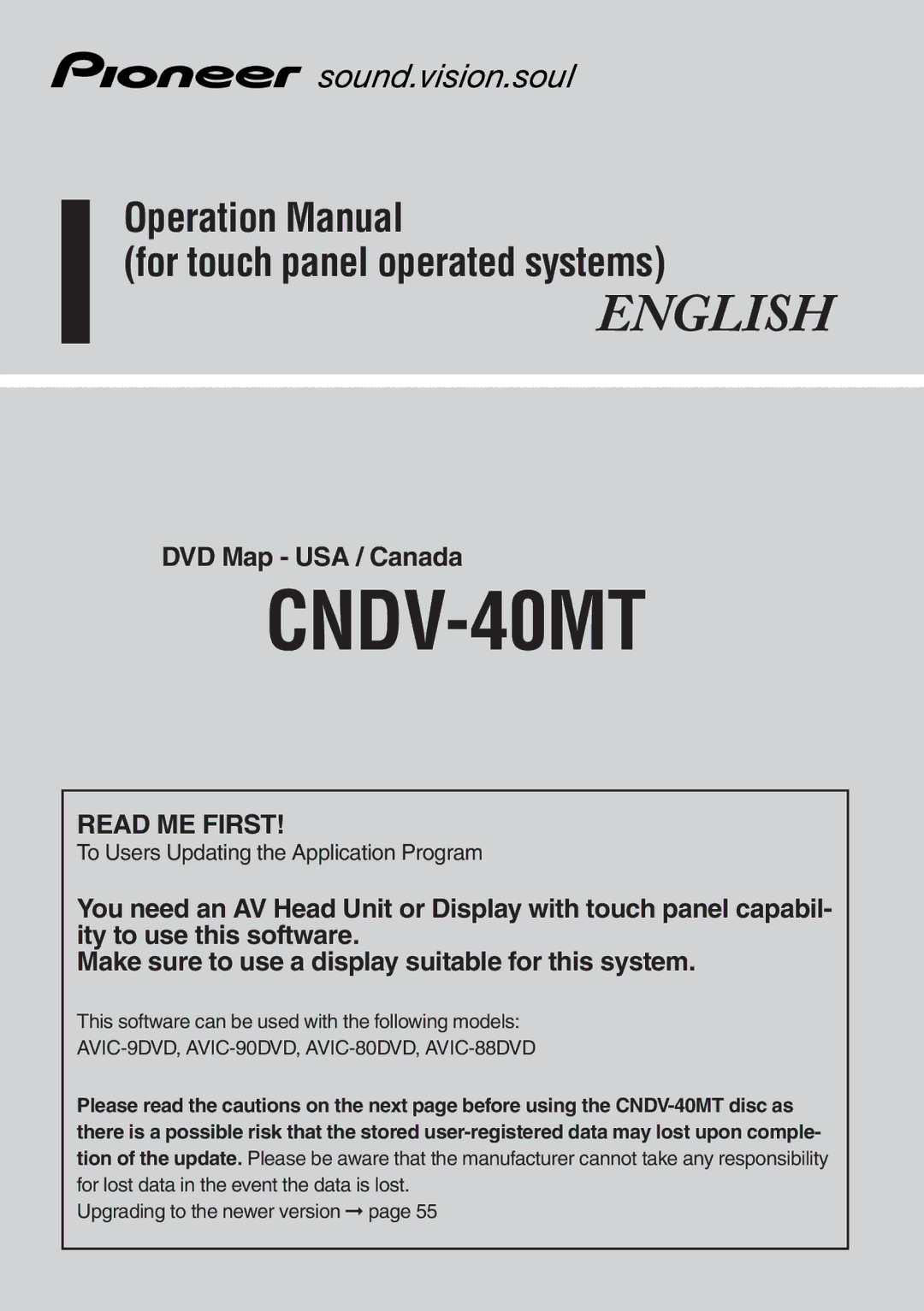 Pioneer AVIC-9DVD, AVIC-80DVD operation manual CNDV-40MT 