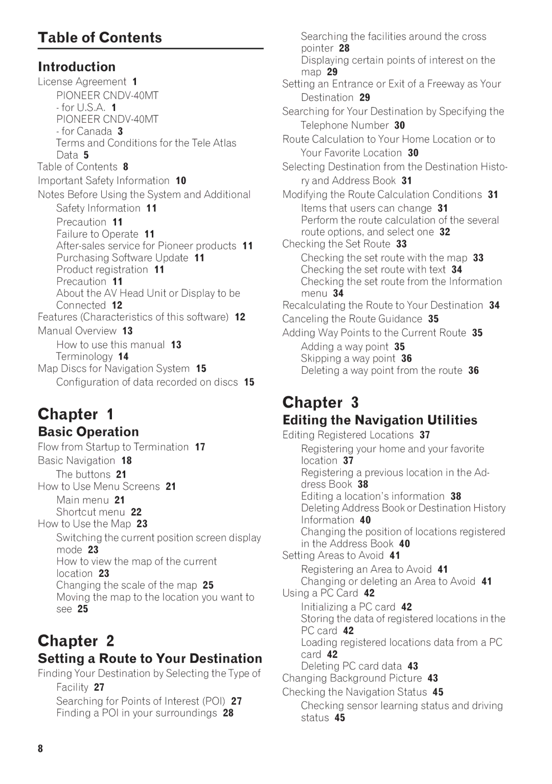 Pioneer AVIC-80DVD, AVIC-9DVD operation manual Chapter, Table of Contents 