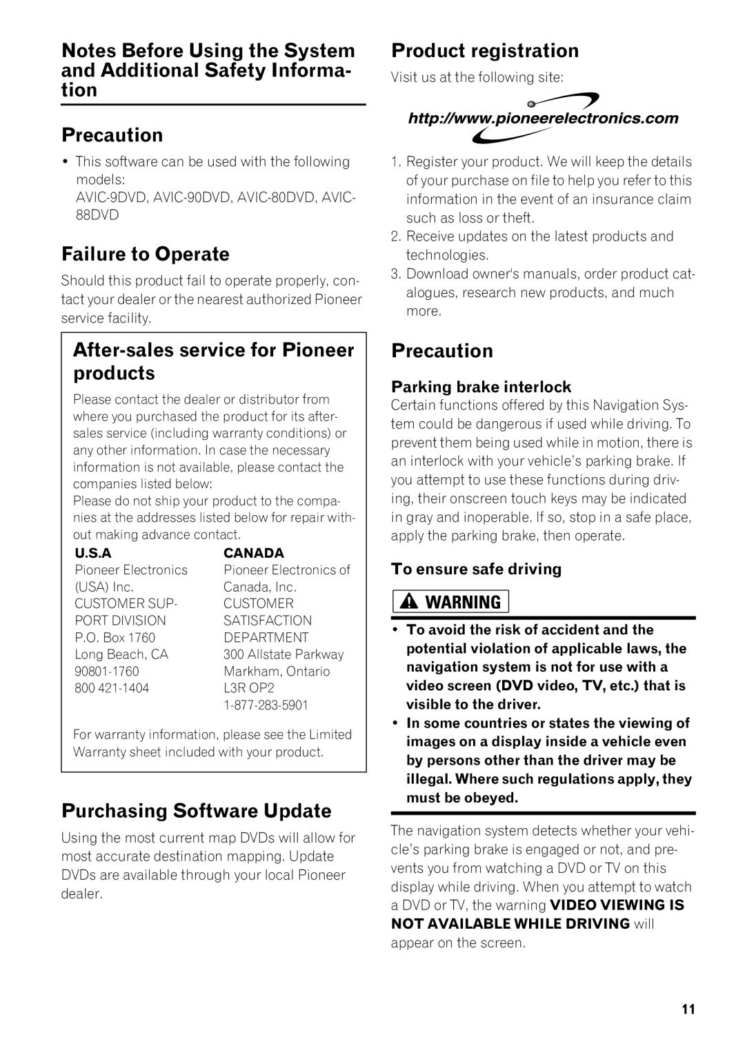 Pioneer AVIC-9DVD Precaution, Failure to Operate, Product registration, After-sales service for Pioneer products 