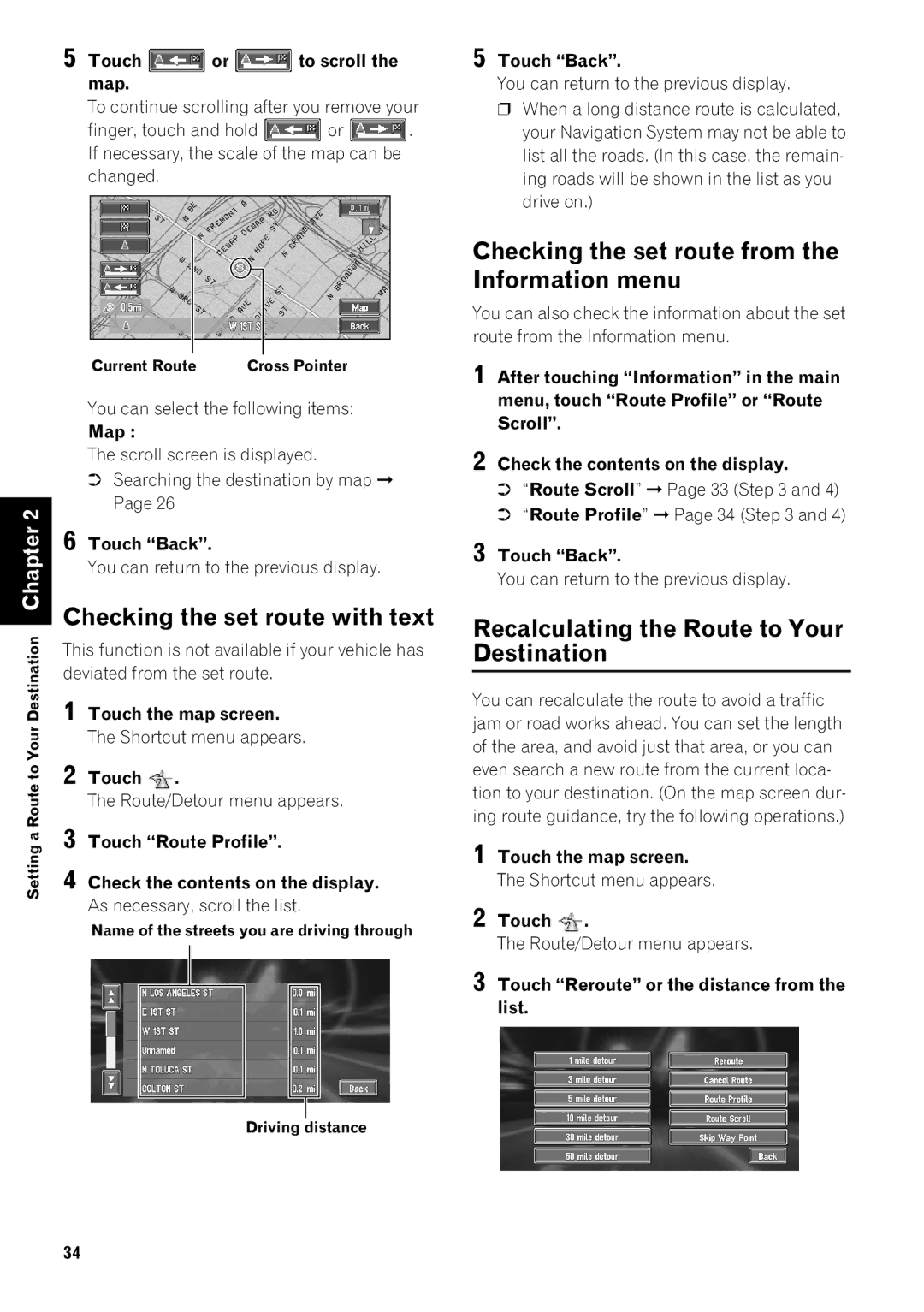 Pioneer AVIC-80DVD, AVIC-9DVD Touch or to scroll the map, Map, Touch Route Profile, Check the contents on the display 