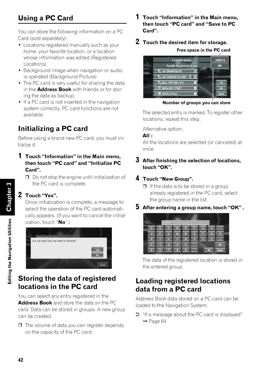 Pioneer AVIC-80DVD Using a PC Card, Initializing a PC card, Storing the data of registered locations in the PC card 