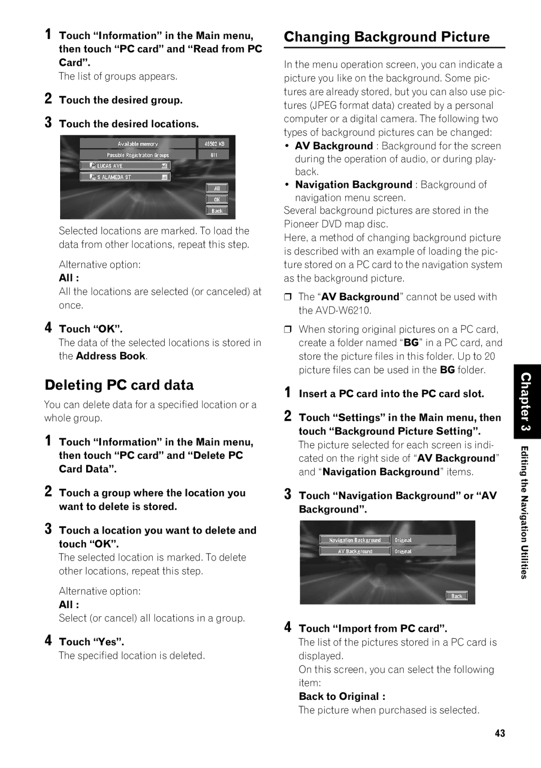 Pioneer AVIC-9DVD, AVIC-80DVD operation manual Deleting PC card data, Changing Background Picture 