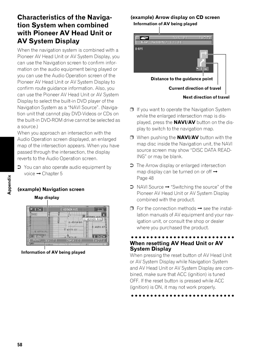 Pioneer AVIC-80DVD, AVIC-9DVD operation manual When resetting AV Head Unit or AV System Display, Example Navigation screen 