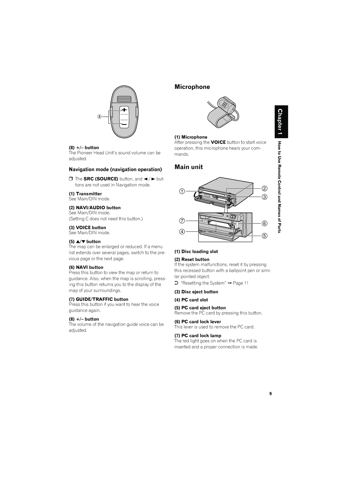 Pioneer AVIC-80DVD manual Microphone, Main unit, Navigation mode navigation operation 