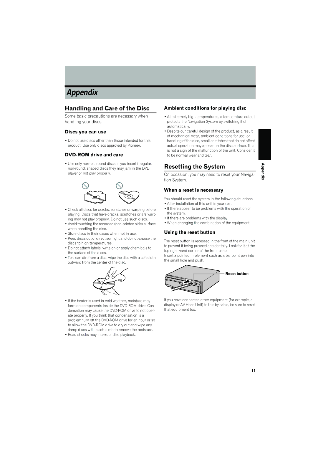 Pioneer AVIC-80DVD manual Handling and Care of the Disc, Resetting the System 