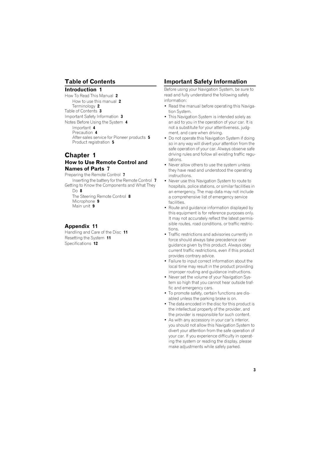 Pioneer AVIC-80DVD manual Table of Contents, Important Safety Information 