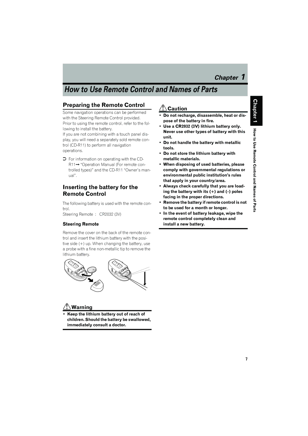 Pioneer AVIC-80DVD manual Preparing the Remote Control, Inserting the battery for the Remote Control, Steering Remote 