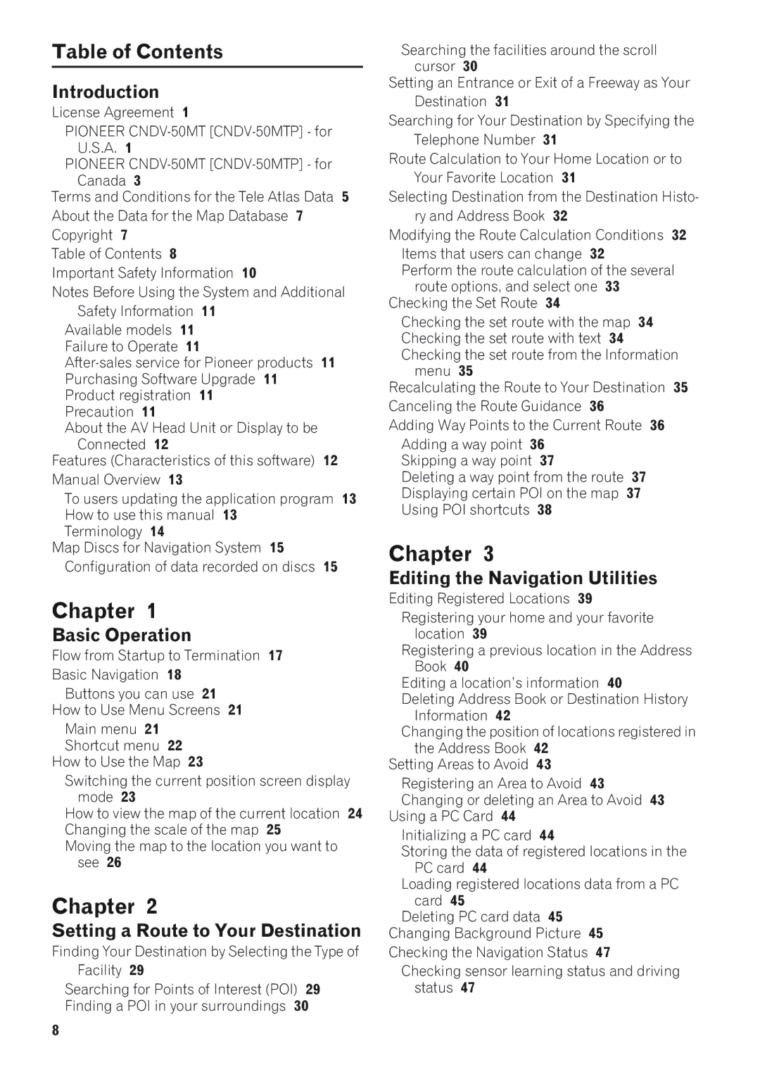 Pioneer AVIC-880DVD, AVIC-88DVD, AVIC-9DVD, AVIC-90DVD, CNDV-50MTP operation manual Chapter, Table of Contents 