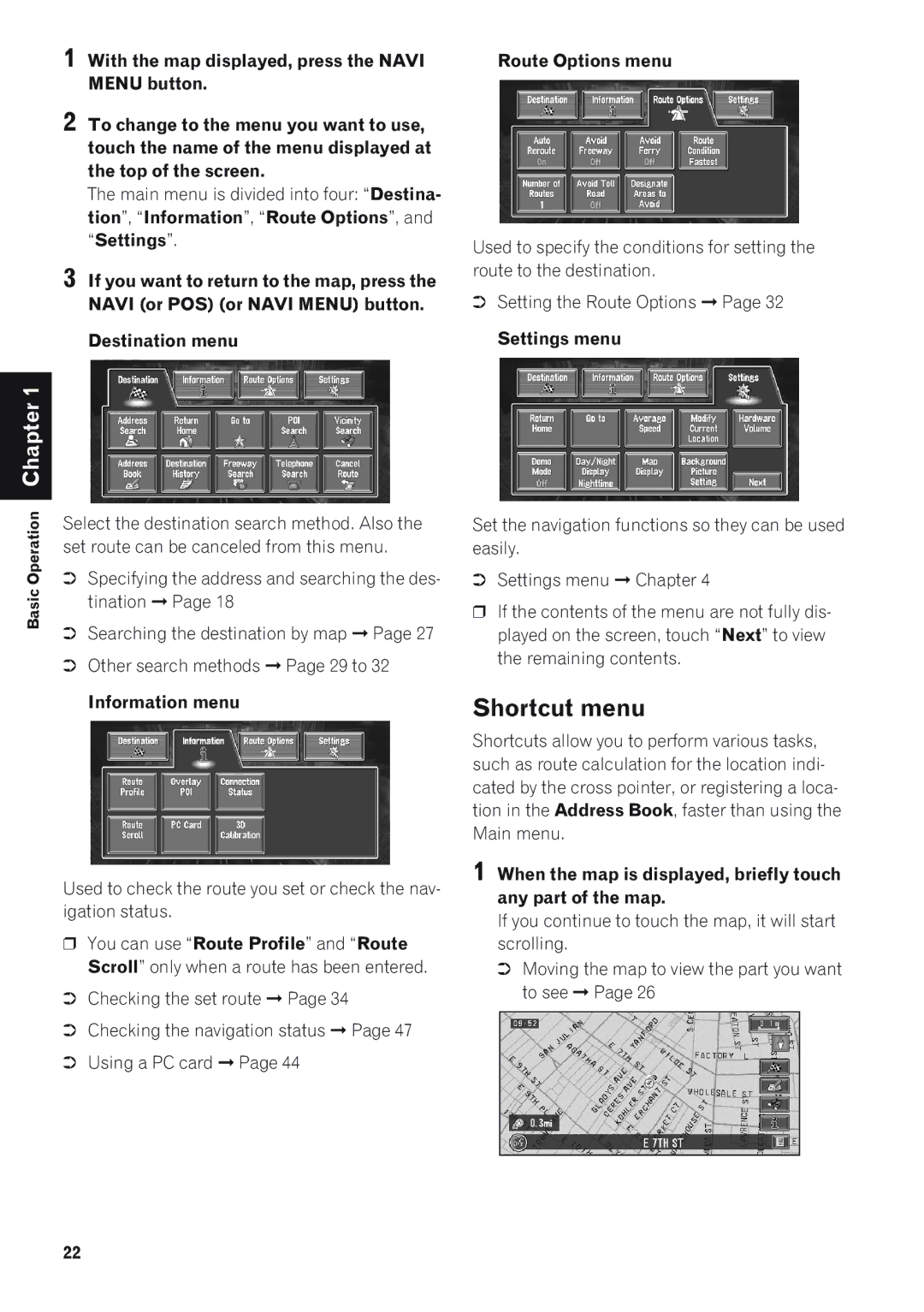 Pioneer AVIC-88DVD Shortcut menu, Tion, Information, Route Options, and Settings, Destination menu Route Options menu 