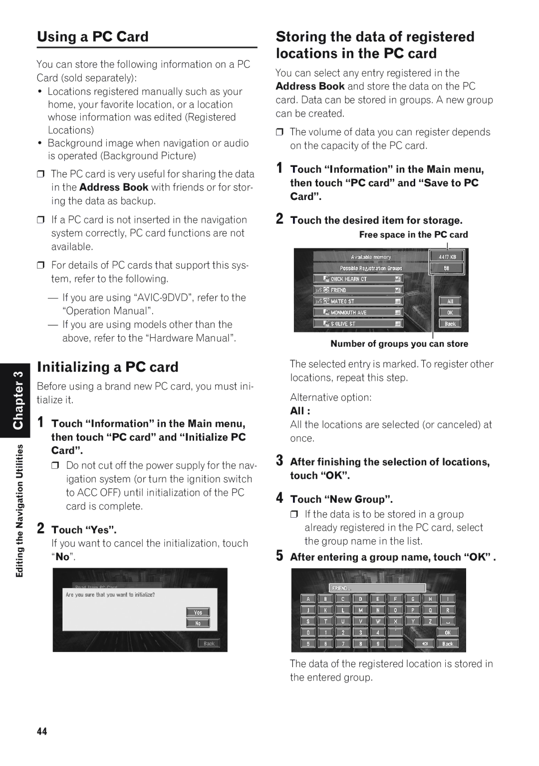 Pioneer AVIC-880DVD Using a PC Card, Initializing a PC card, Storing the data of registered locations in the PC card, All 