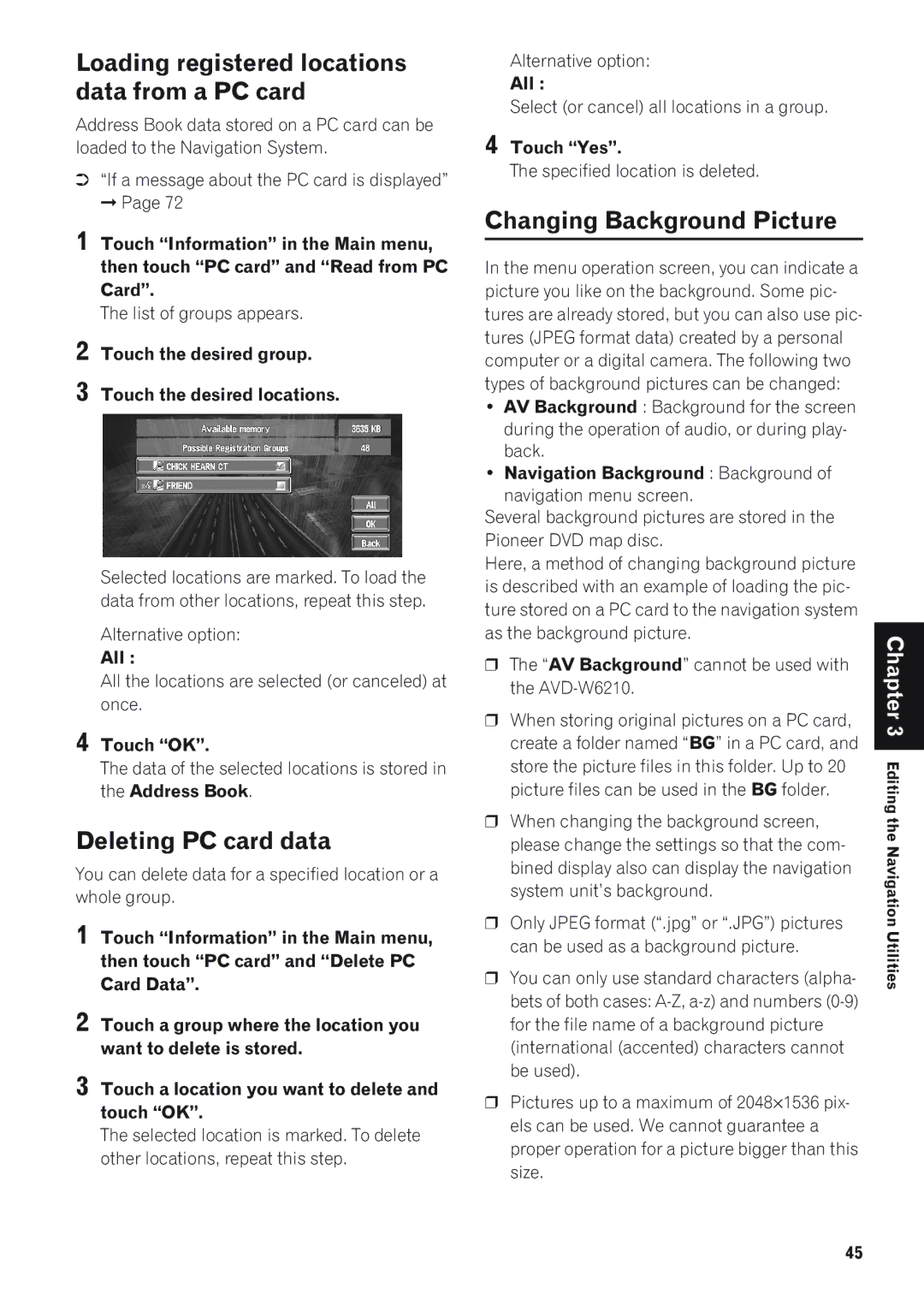 Pioneer CNDV-50MT Loading registered locations data from a PC card, Deleting PC card data, Changing Background Picture 