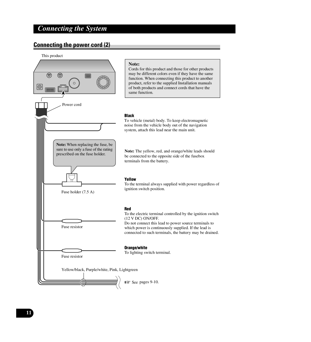 Pioneer AVIC-88DVD installation manual Black, Fuse holder 7.5 a Fuse resistor 