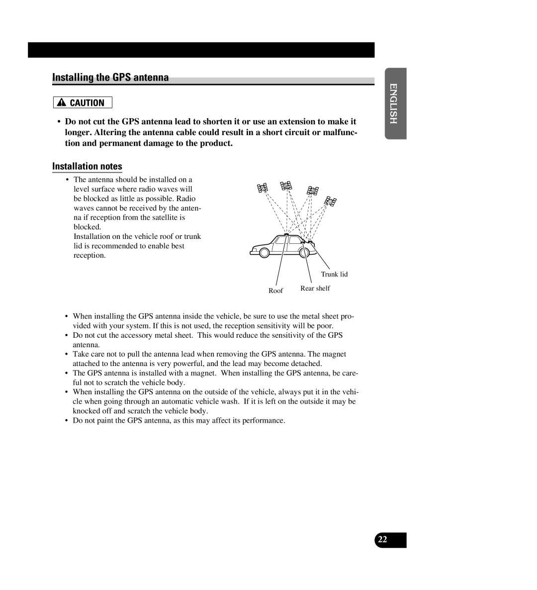 Pioneer AVIC-88DVD Installing the GPS antenna, Español Deutsch, Français Italiano Nederlands, Roof Trunk lid Rear shelf 