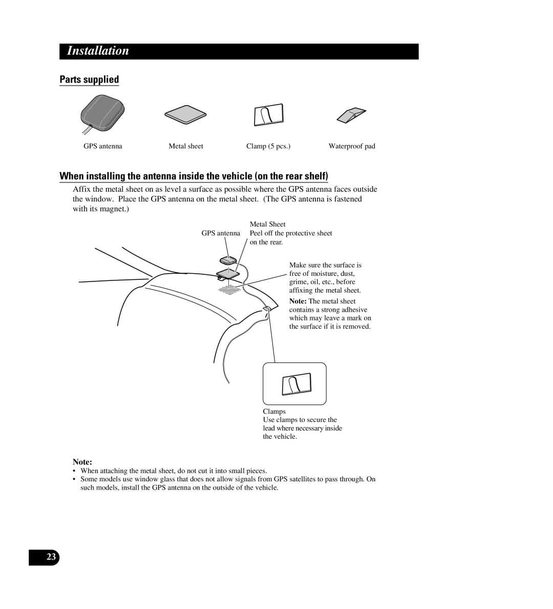 Pioneer AVIC-88DVD installation manual Parts supplied, GPS antenna Metal sheet Clamp 5 pcs 