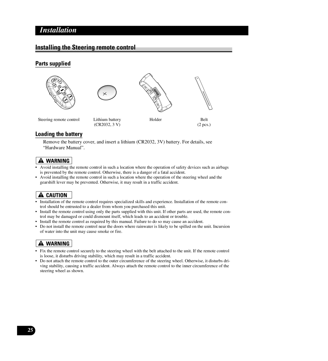 Pioneer AVIC-88DVD installation manual Installing the Steering remote control, Loading the battery, Holder 