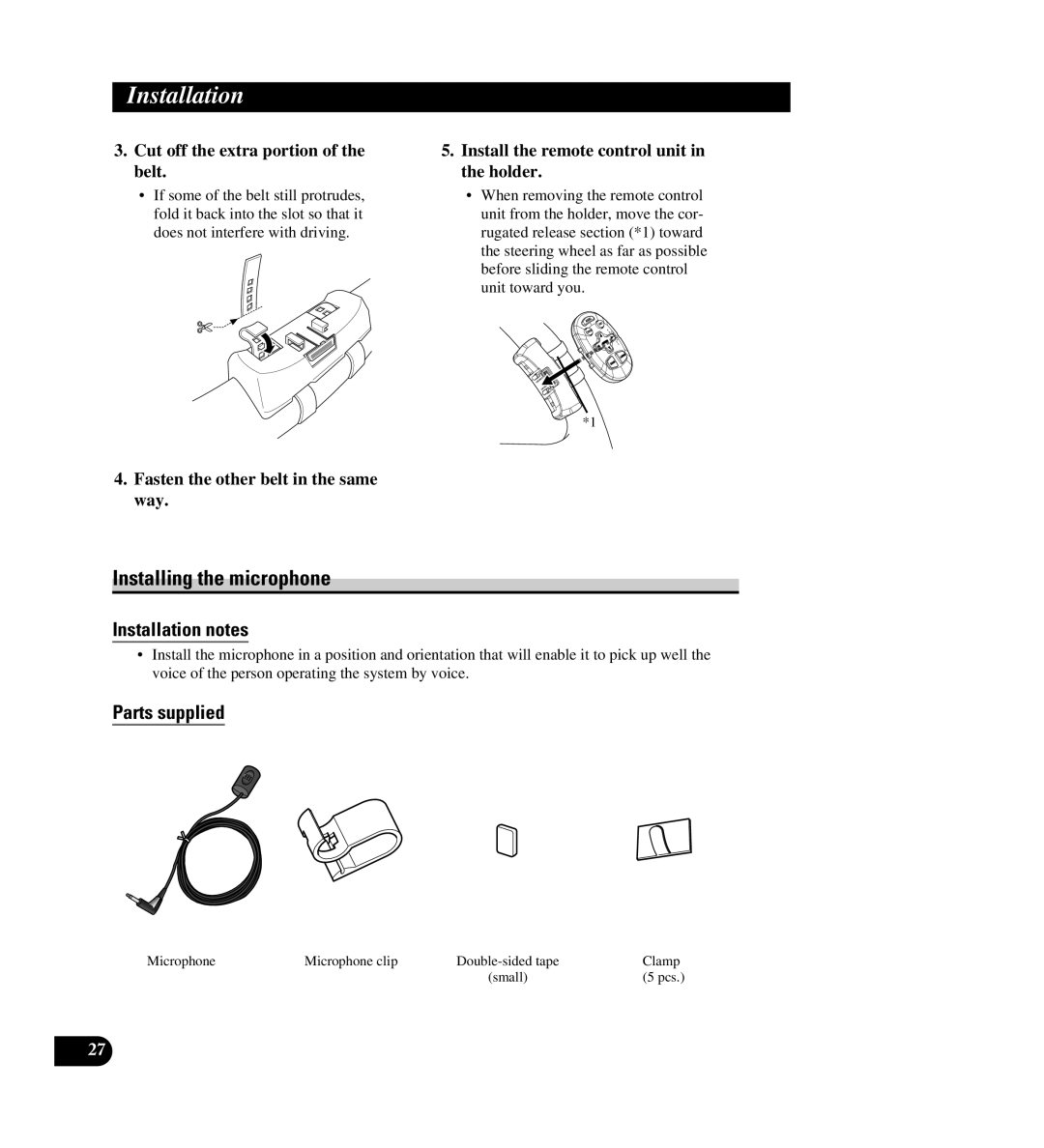 Pioneer AVIC-88DVD Installing the microphone, Fasten the other belt in the same way, Microphone Microphone clip, Clamp 