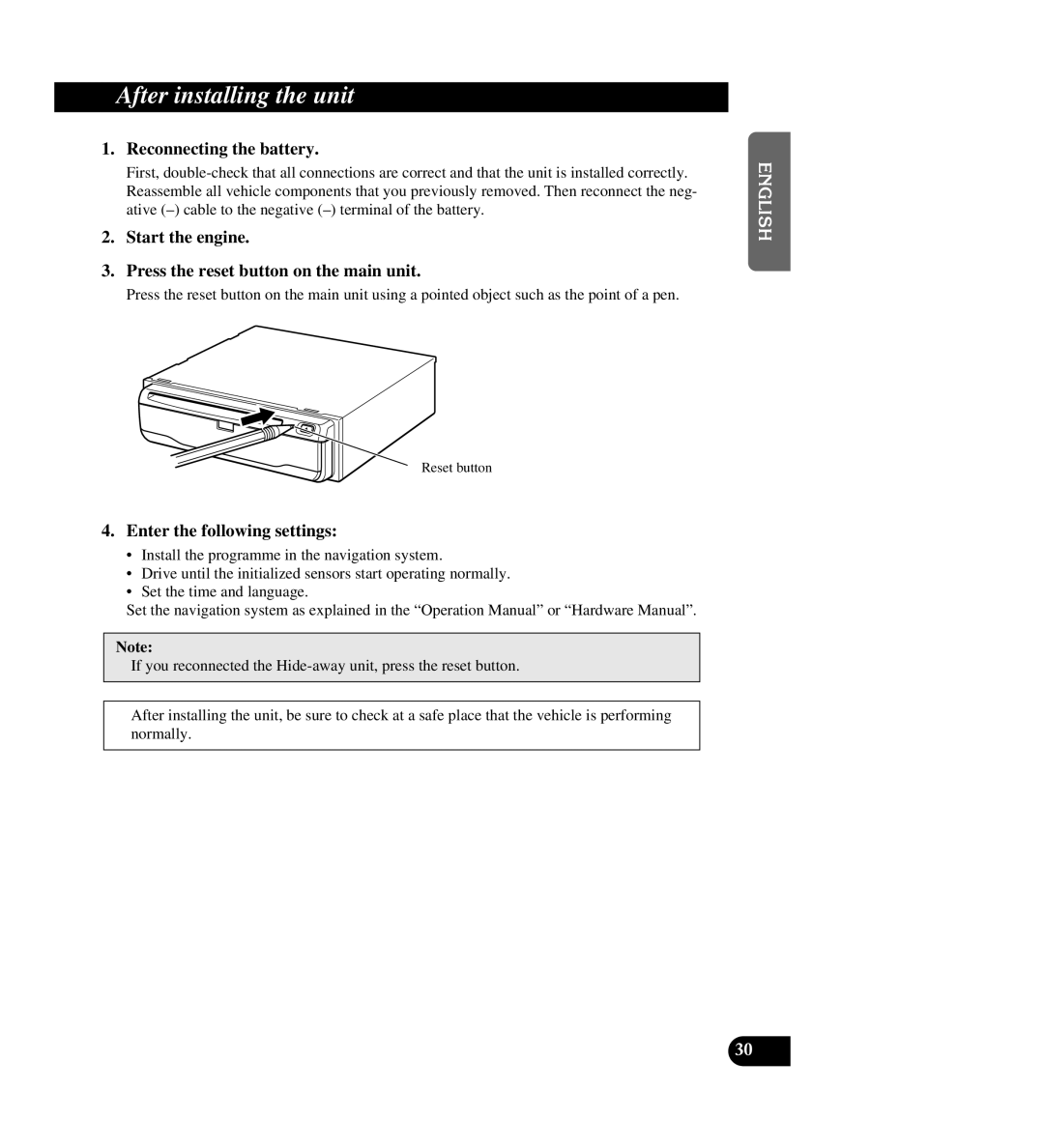 Pioneer AVIC-88DVD After installing the unit, Reconnecting the battery, Enter the following settings, Reset button 