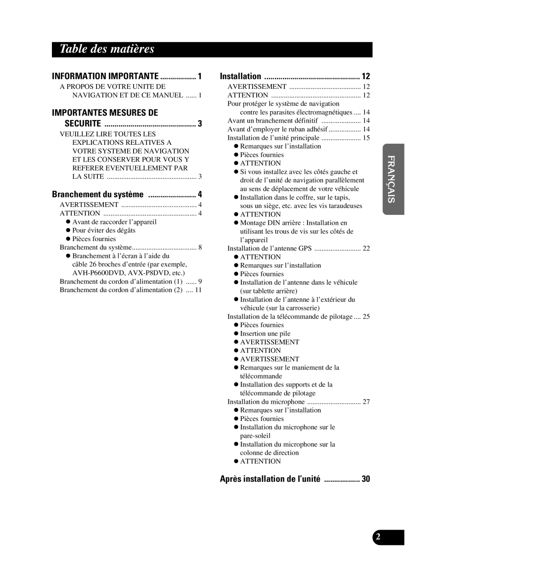 Pioneer AVIC-88DVD installation manual Table des matières, English Français Deutsch Français Italiano Nederlands 