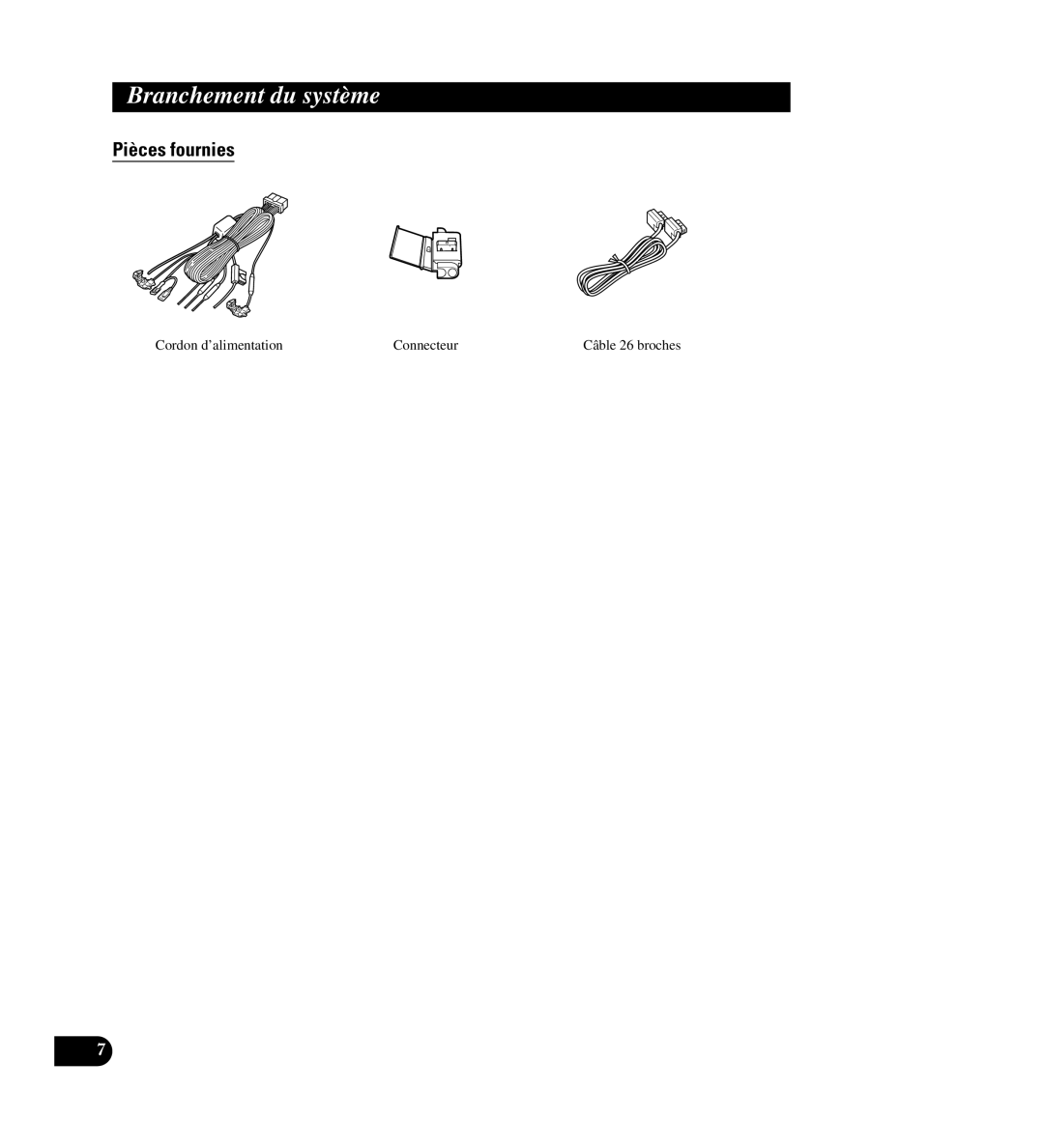 Pioneer AVIC-88DVD installation manual Pièces fournies, Cordon d’alimentation Connecteur 