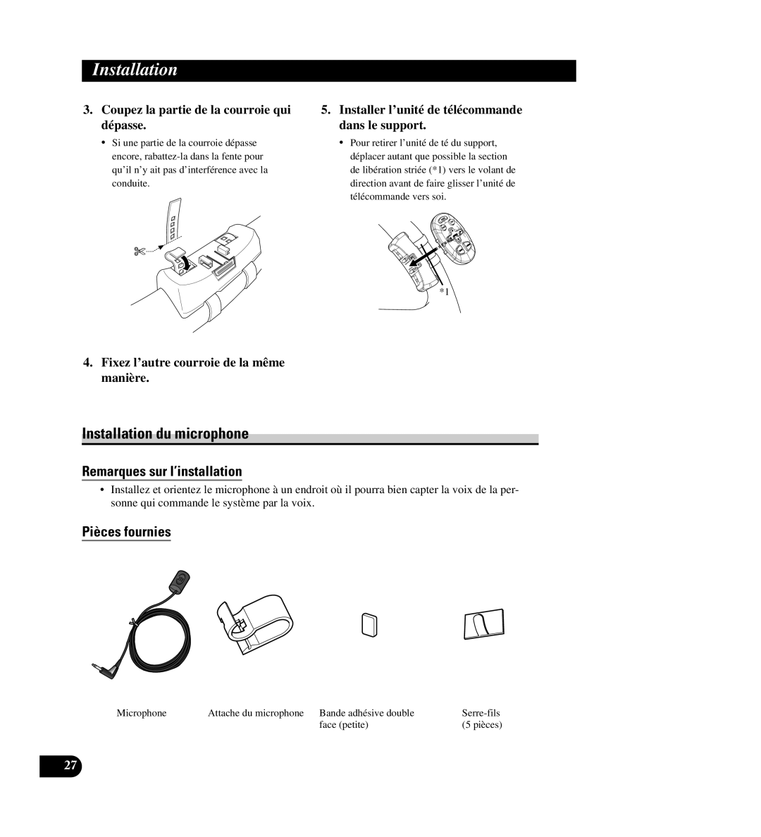 Pioneer AVIC-88DVD installation manual Installation du microphone, Coupez la partie de la courroie qui dépasse 