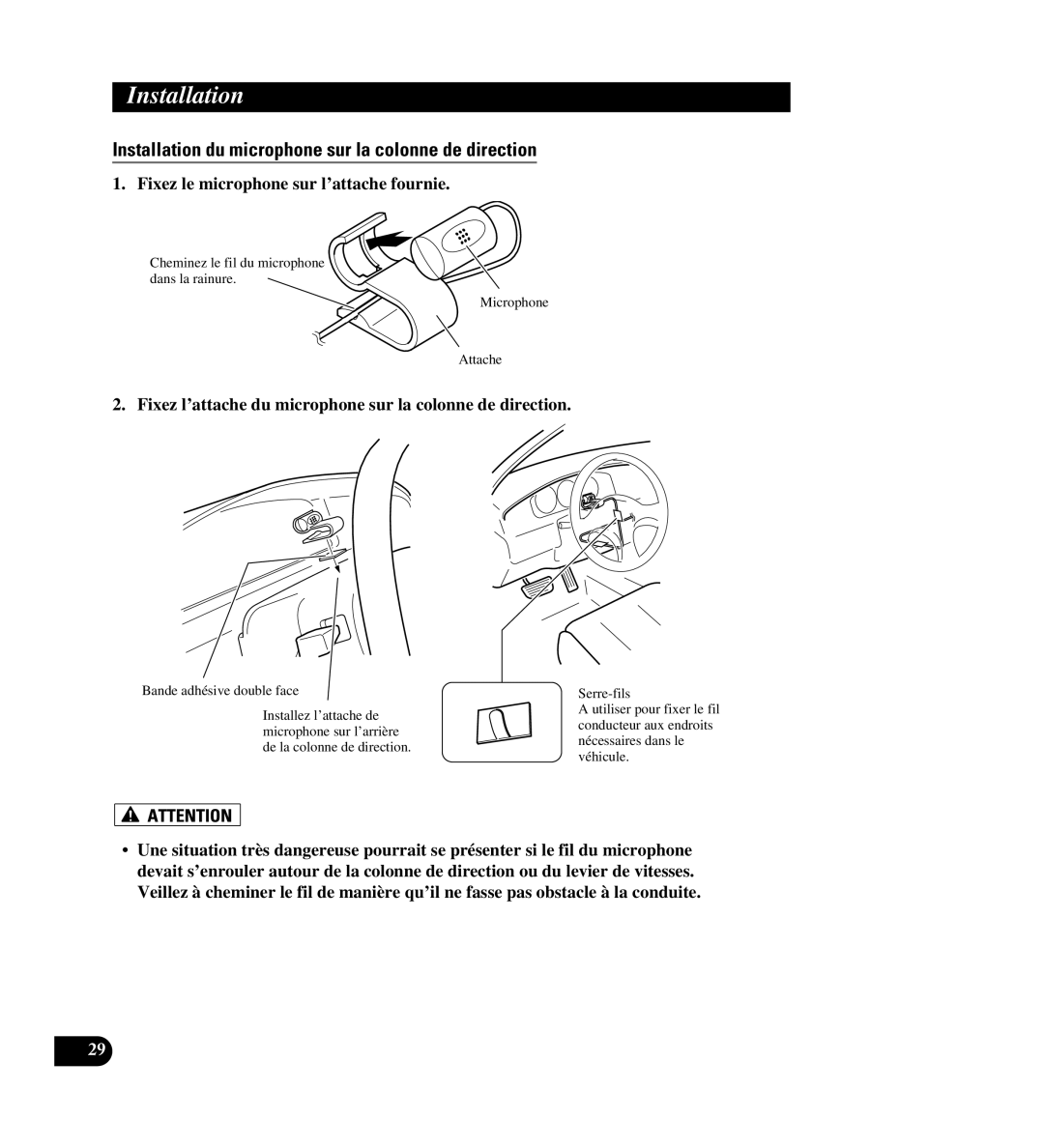 Pioneer AVIC-88DVD installation manual Installation du microphone sur la colonne de direction, Bande adhésive double face 