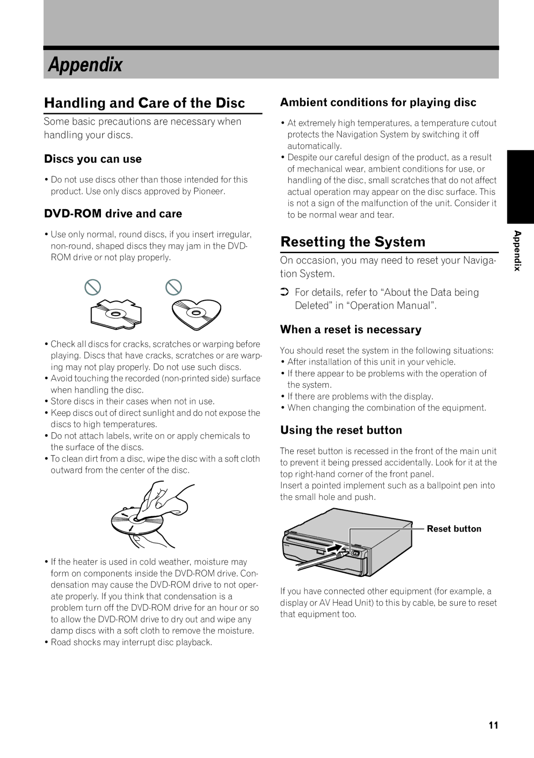 Pioneer AVIC-88DVD manual Appendix, Handling and Care of the Disc, Resetting the System 