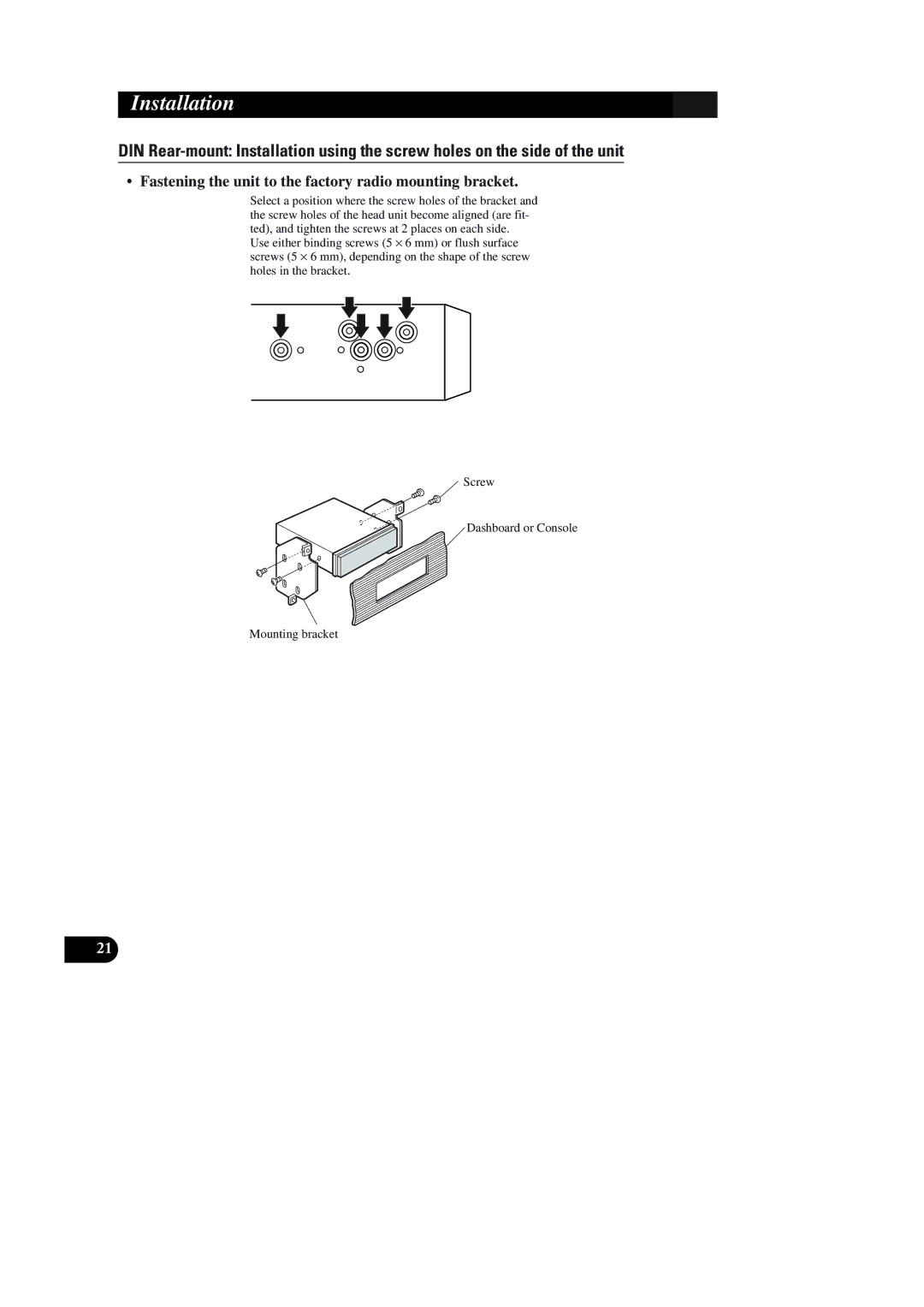 Pioneer AVIC-90DVD installation manual Fastening the unit to the factory radio mounting bracket 