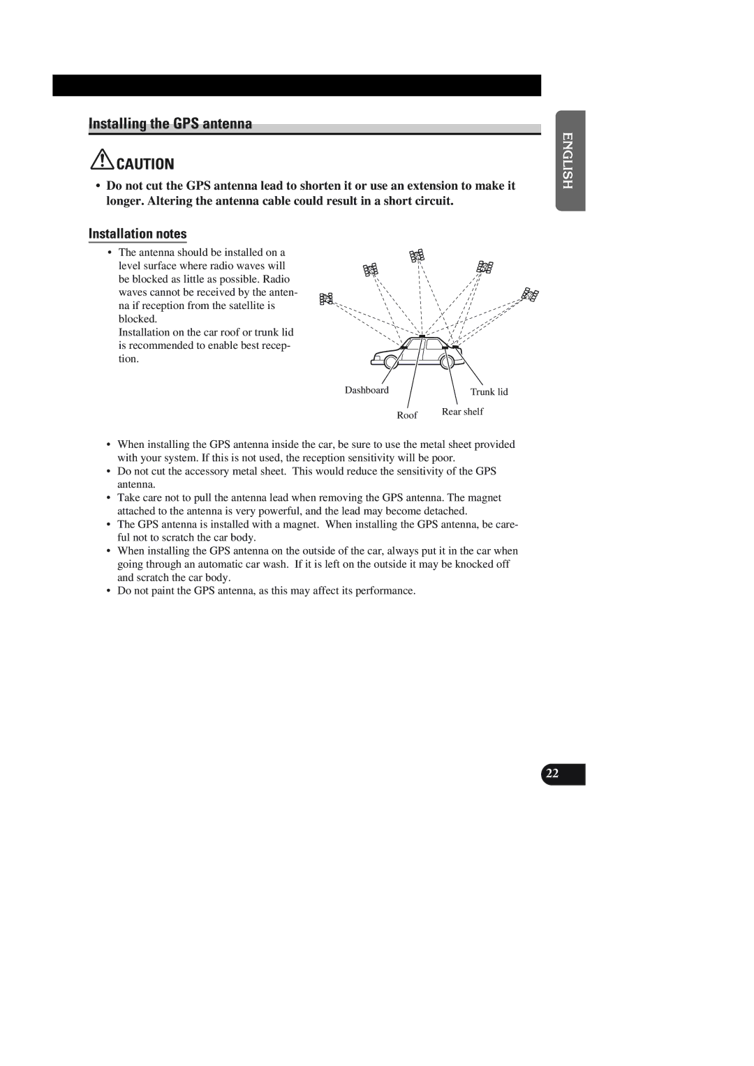 Pioneer AVIC-90DVD installation manual Installing the GPS antenna, Dashboard, Roof Rear shelf 