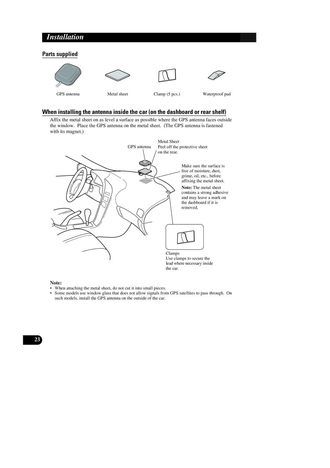 Pioneer AVIC-90DVD installation manual Parts supplied, GPS antenna Metal sheet Clamp 5 pcs 