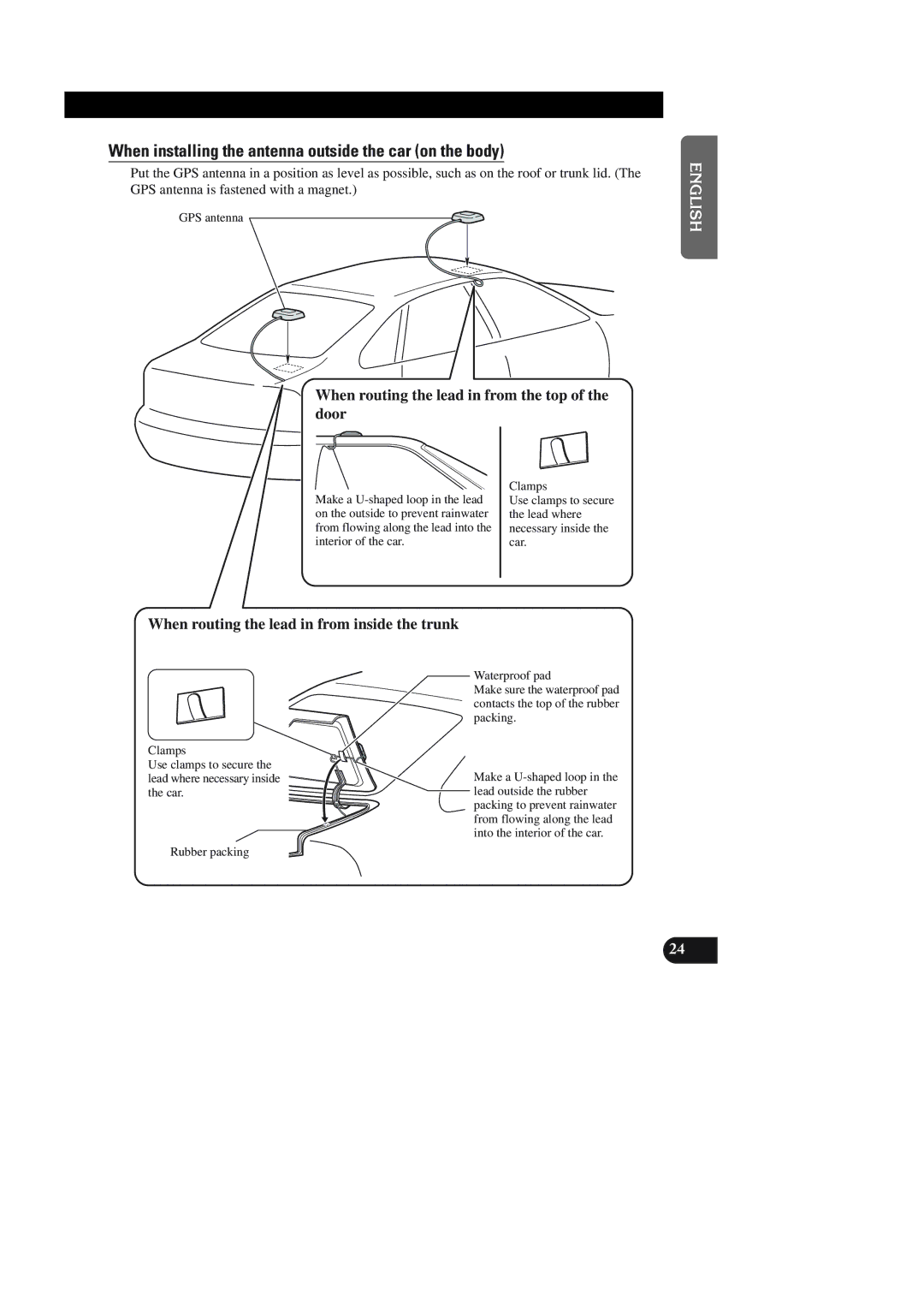 Pioneer AVIC-90DVD When installing the antenna outside the car on the body, When routing the lead in from inside the trunk 