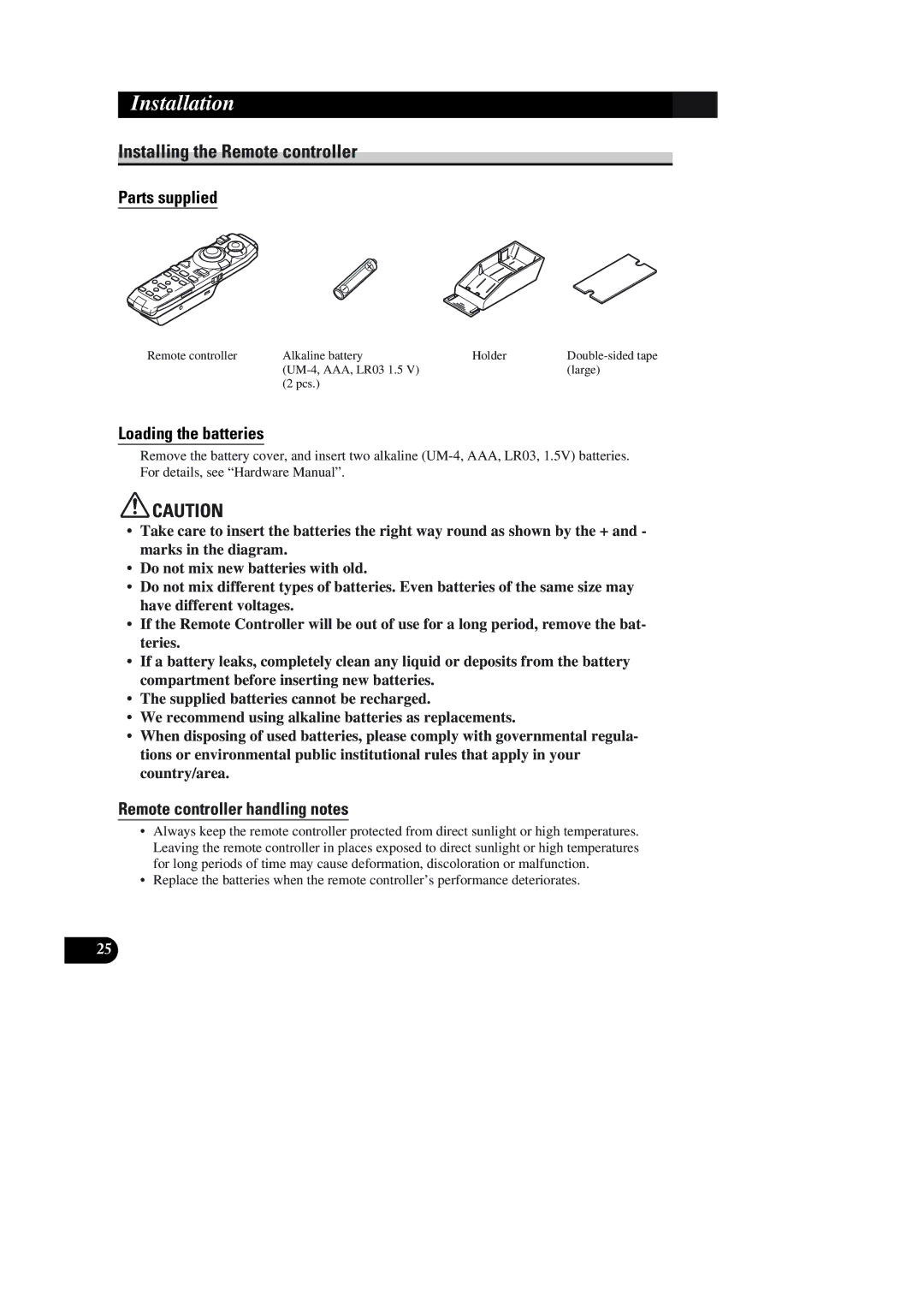 Pioneer AVIC-90DVD Installing the Remote controller, Loading the batteries, Remote controller handling notes 