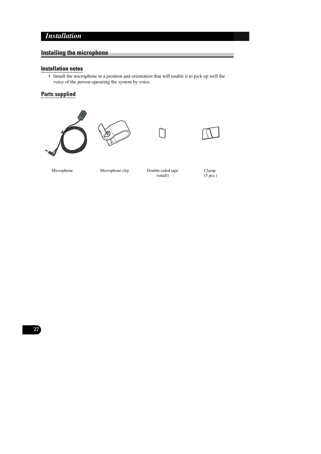 Pioneer AVIC-90DVD installation manual Installing the microphone, Microphone Microphone clip, Clamp 