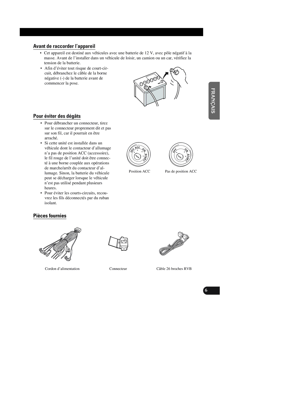 Pioneer AVIC-90DVD installation manual Avant de raccorder l’appareil, Pour éviter des dégâts, Pièces fournies 