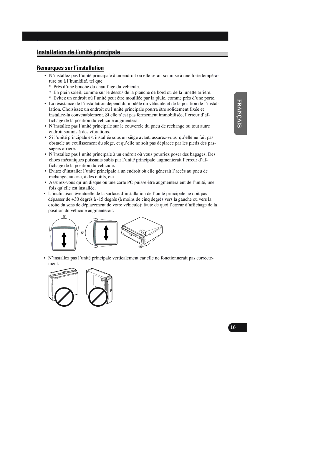 Pioneer AVIC-90DVD installation manual Installation de l’unité principale, Remarques sur l’installation 