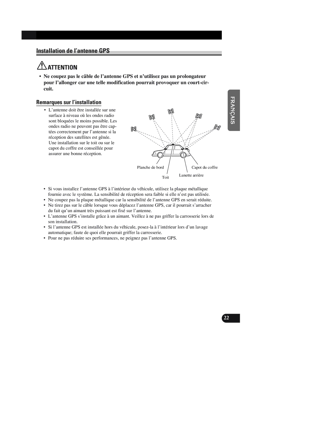 Pioneer AVIC-90DVD installation manual Installation de l’antenne GPS, Planche de bord Toit Capot du coffre Lunette arrière 