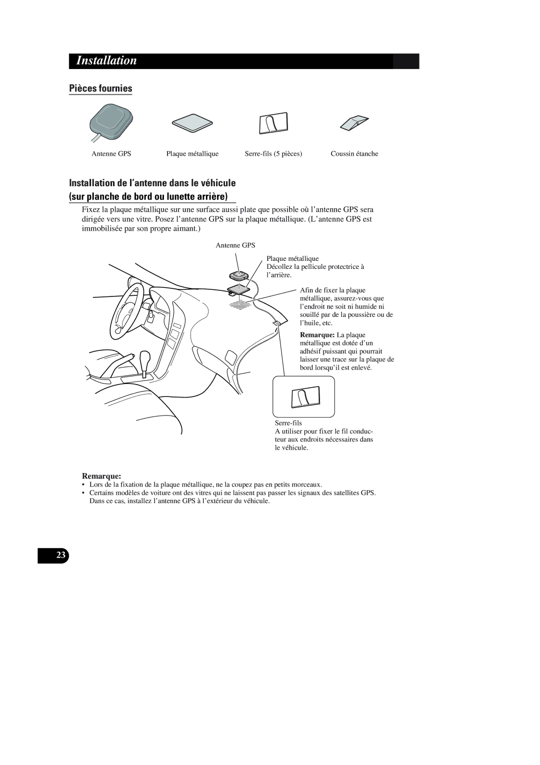 Pioneer AVIC-90DVD installation manual Pièces fournies, Antenne GPS Plaque métallique Serre-fils 5 pièces 